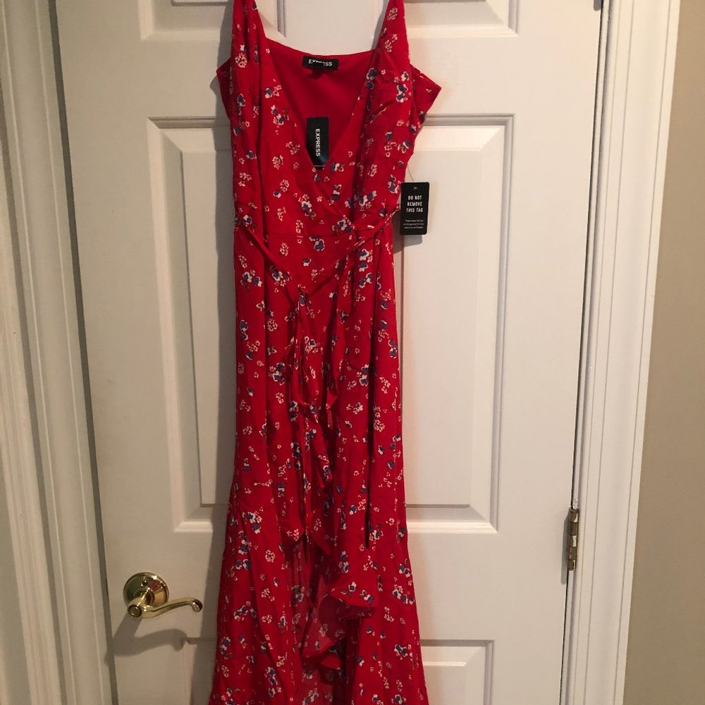 Express red floral ruffle wrap dress